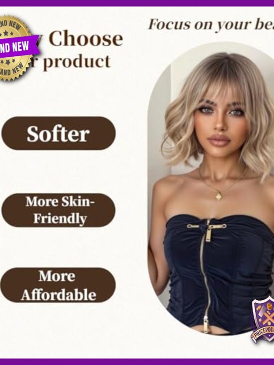 Human Hair Wig with Air Bangs Layered Bob Lightweight Breathable main image 3